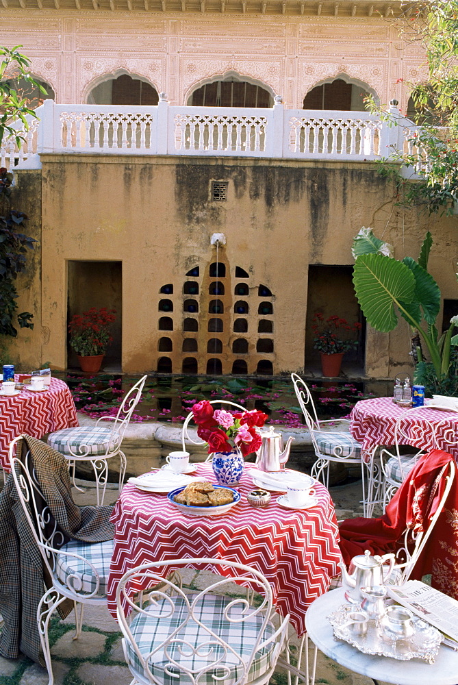 A la carte menu served by the lily pond, Samode Palace Hotel, Samode, Rajasthan state, India, Asia