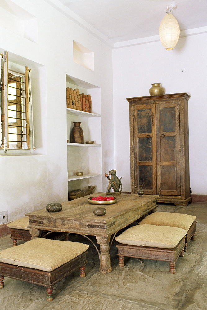 Zen ambiance instilled into an old farm house converted into residential home, Amber, near Jaipur, Rajasthan state, India, Asia