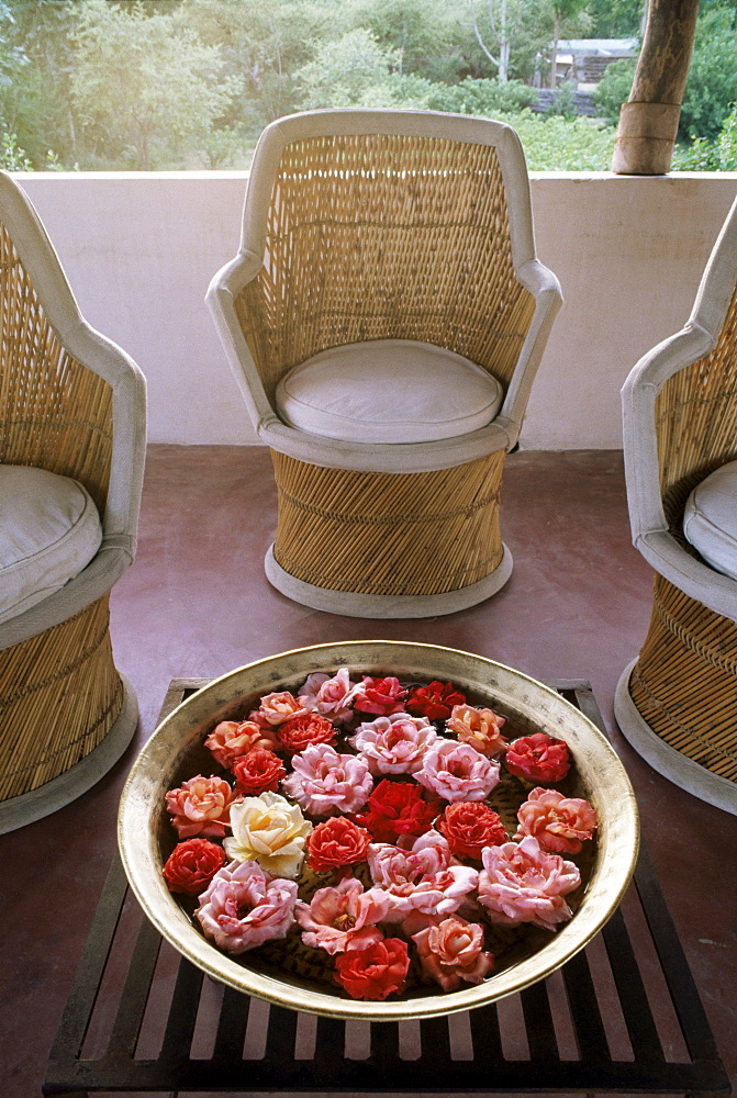 Roof terrace seating area of converted farm house, now a residence, Amber, near Jaipur, Rajasthan state, India, Asia