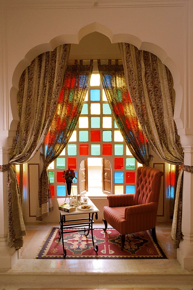 Detail of guest bedroom, Samode Palace Hotel, Samode, Rajasthan state, India, Asia