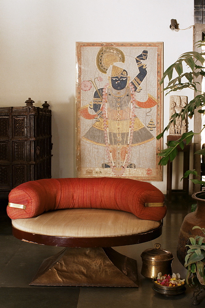 Antique Pichwai, painting on cloth of Lord Krishna, in 1970s concrete structured home, Ahmedabad, Gujarat state, India, Asia