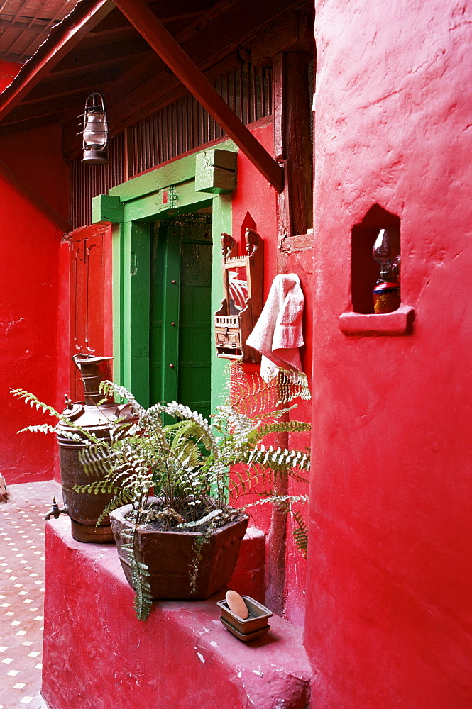 Inner courtyard of restored traditional Pol house, Ahmedabad, Gujarat state, India, Asia