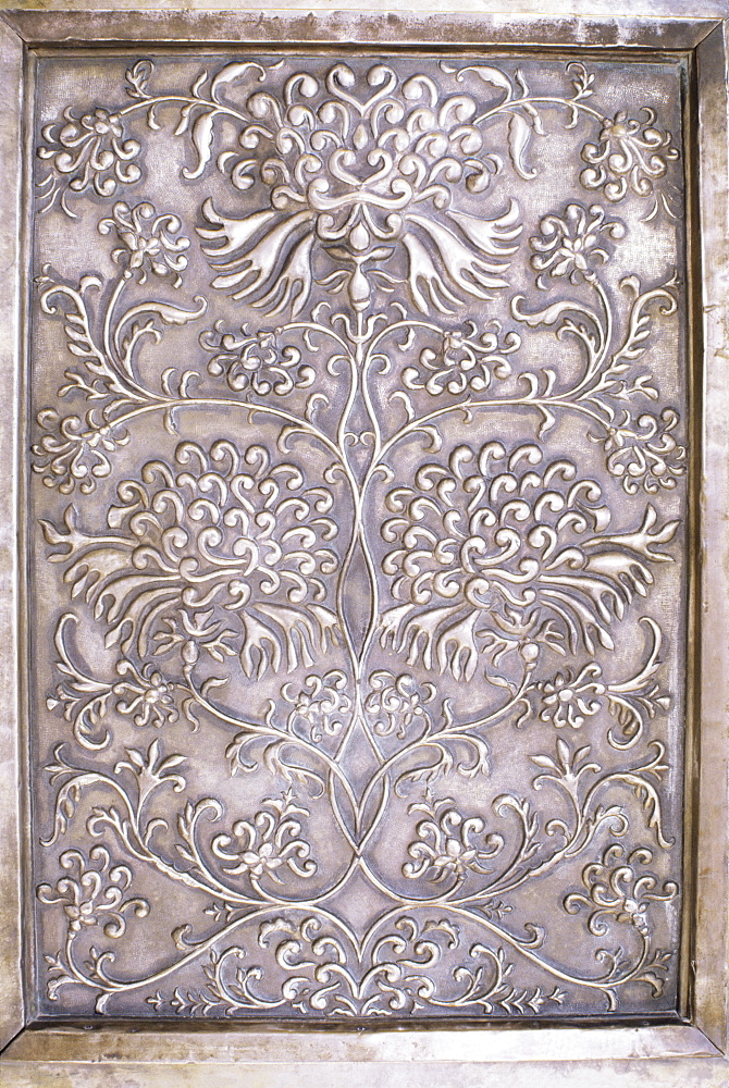 Detail of decorative raised metal work, Devi Garh Fort Palace Hotel, Devi Garh, near Udaipur, Rajasthan state, India, Asia