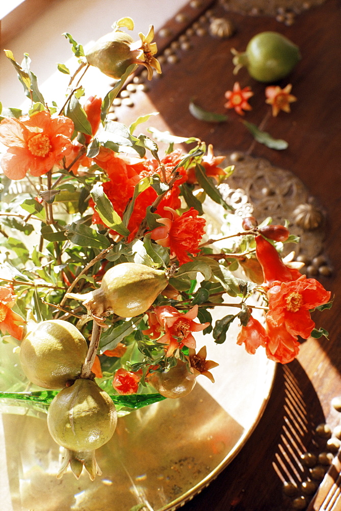 Pomegranate flower and fruit arrangement on a coffee table, Samode Bagh or Garden, Samode, Rajasthan state, India, Asia