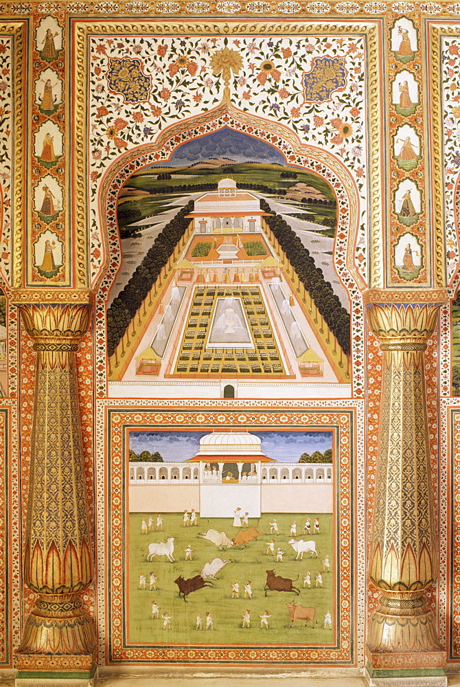 Fine wall painting, The City Palace, Jaipur, Rajasthan state, India, Asia