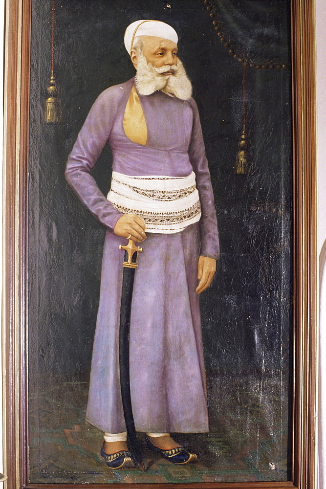 Portrait in the drawing room, Deo Garh Palace Hotel, Deo Garh (Deogarh), Rajasthan state, India, Asia 