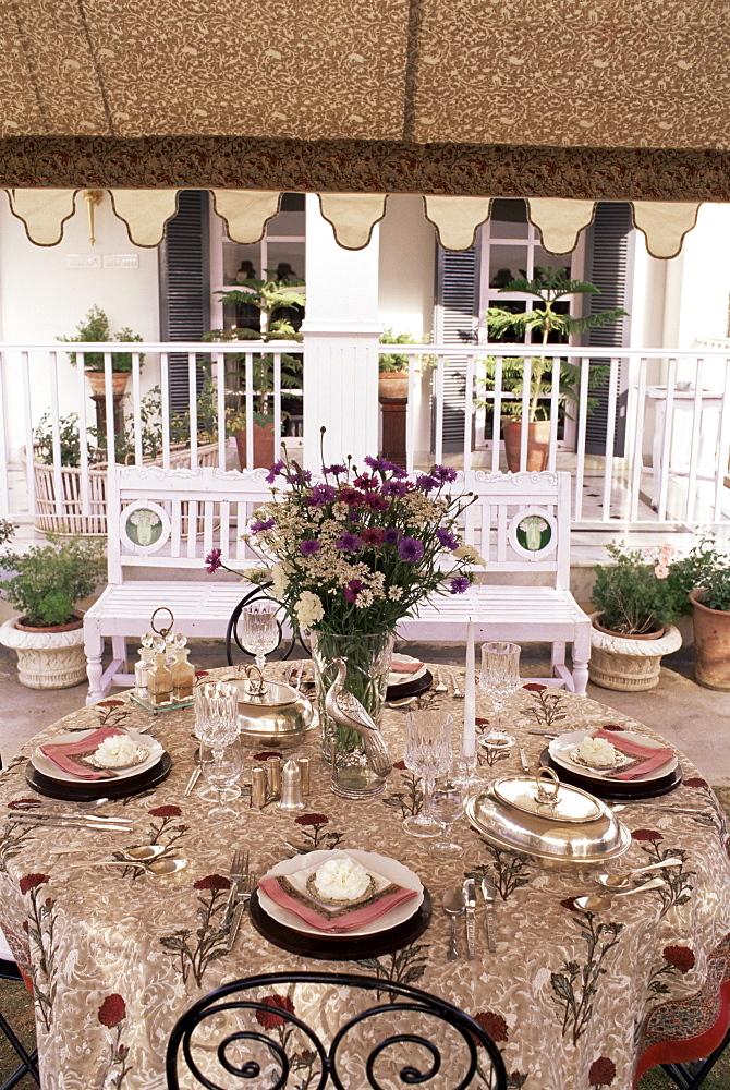 Contemporary block-printed fabric, designed by Toy and Joy Singh, on covered verandah of private residence, Jaipur, Rajasthan state, India, Asia