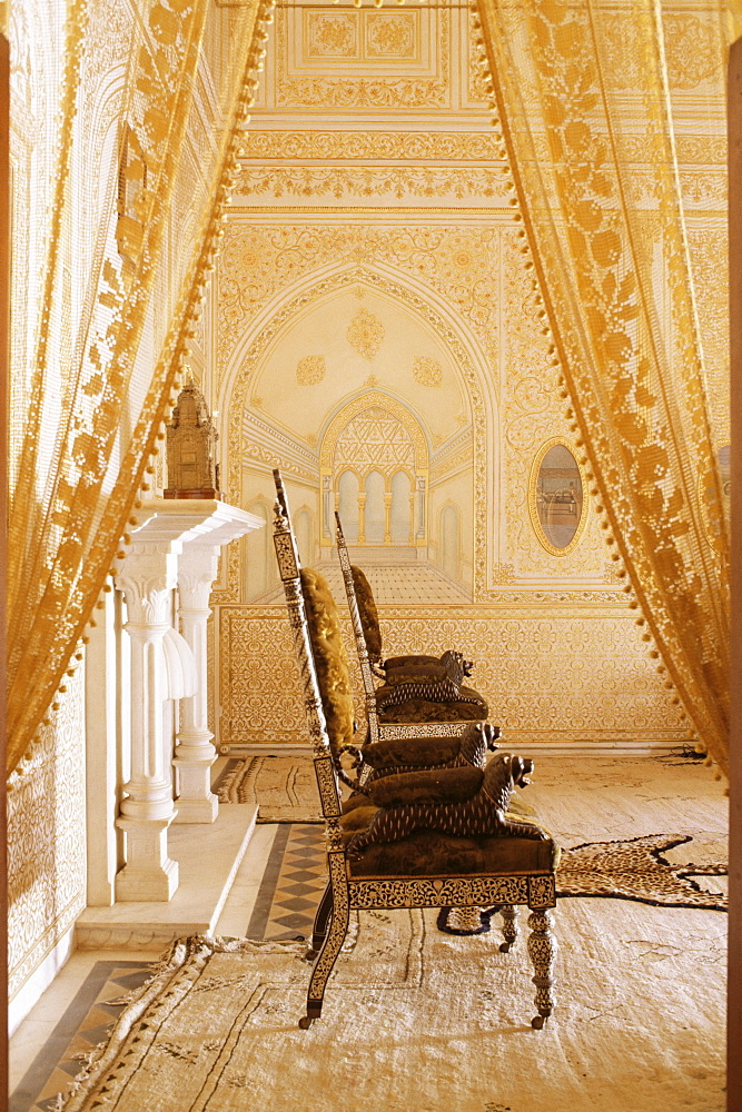 The beautifully gilded Durbar Hall, Sirohi Palace, Sirohi, Southern Rajasthan state, India, Asia