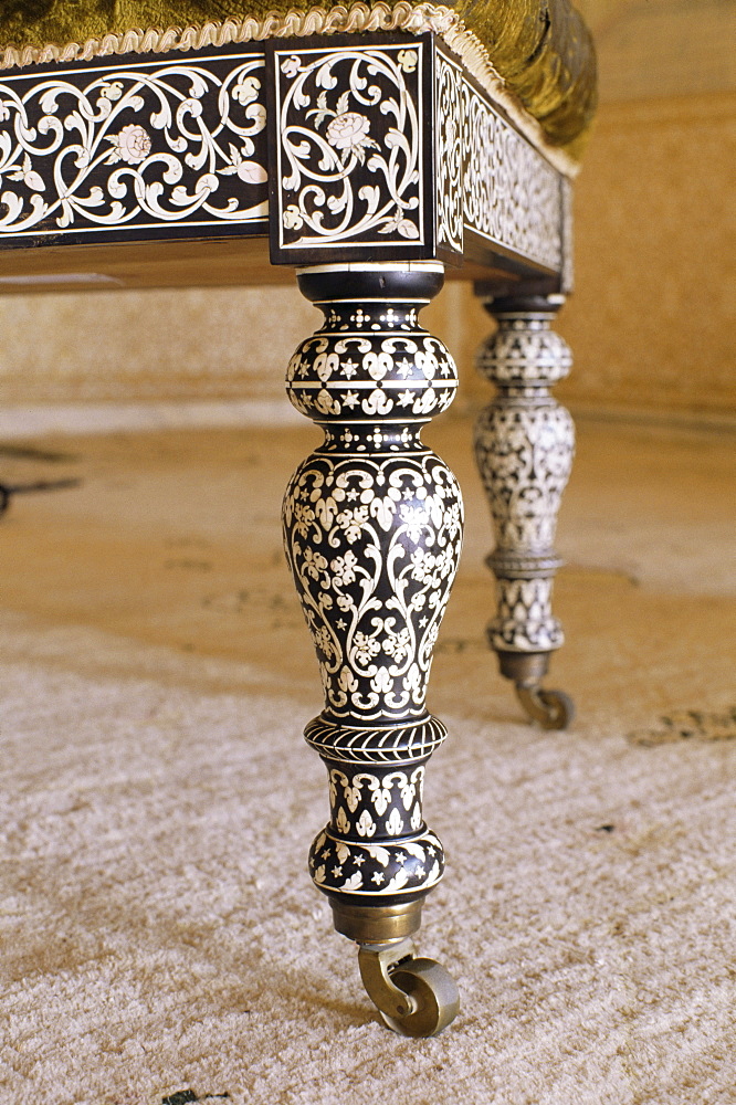 Ebony wood and ivory inlay detail on one of the pair of throne chairs, Sirohi Palace, Sirohi, Southern Rajasthan state, India, Asia