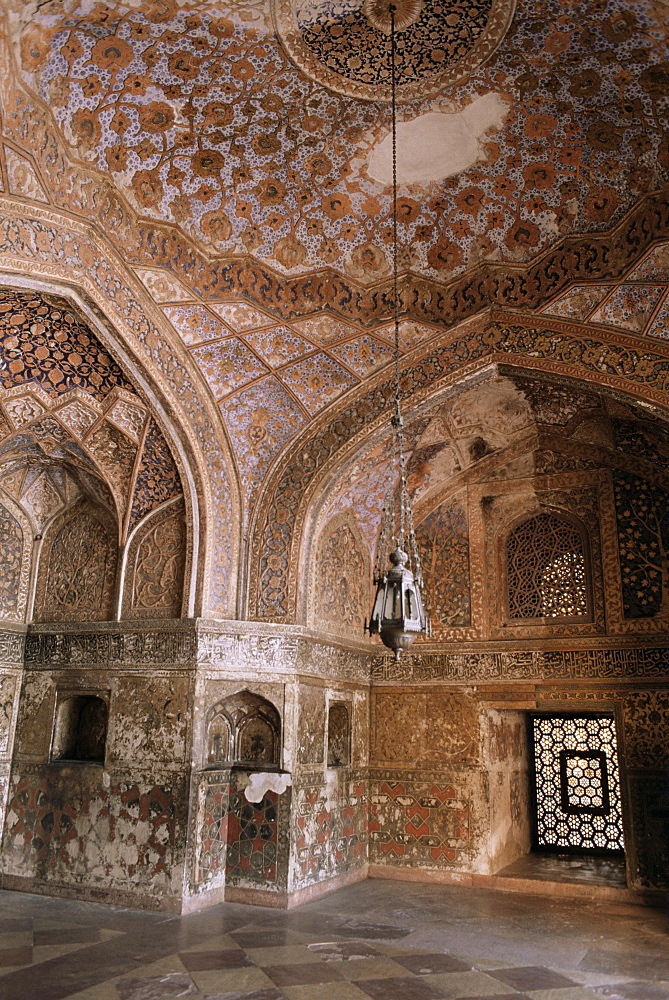 Various painted, gilded and stone inlay detail found inside and outside the tomb, the Tomb of Akbar, Sikandra, near Agra, Uttar Pradesh state, India, Asia