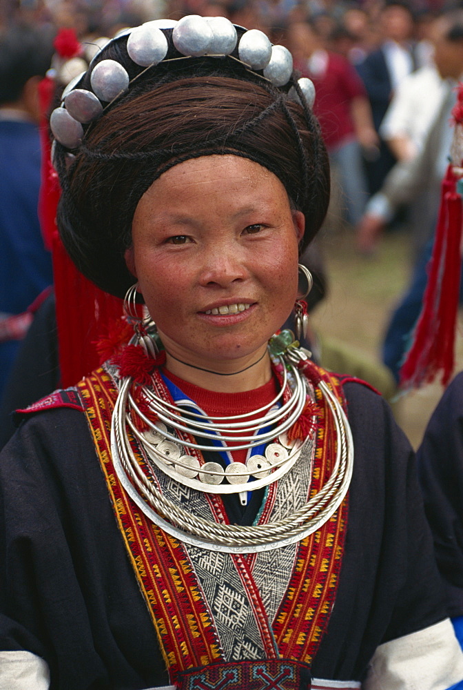 Young Miao woman in finery of silver, Pingtang, Guizhou, China, Asia