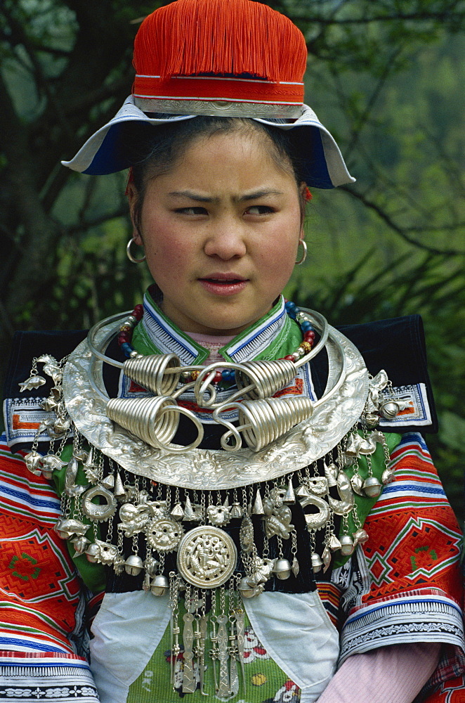 Gejia in festival costume with silver jewellery, Guizhou, China, Asia