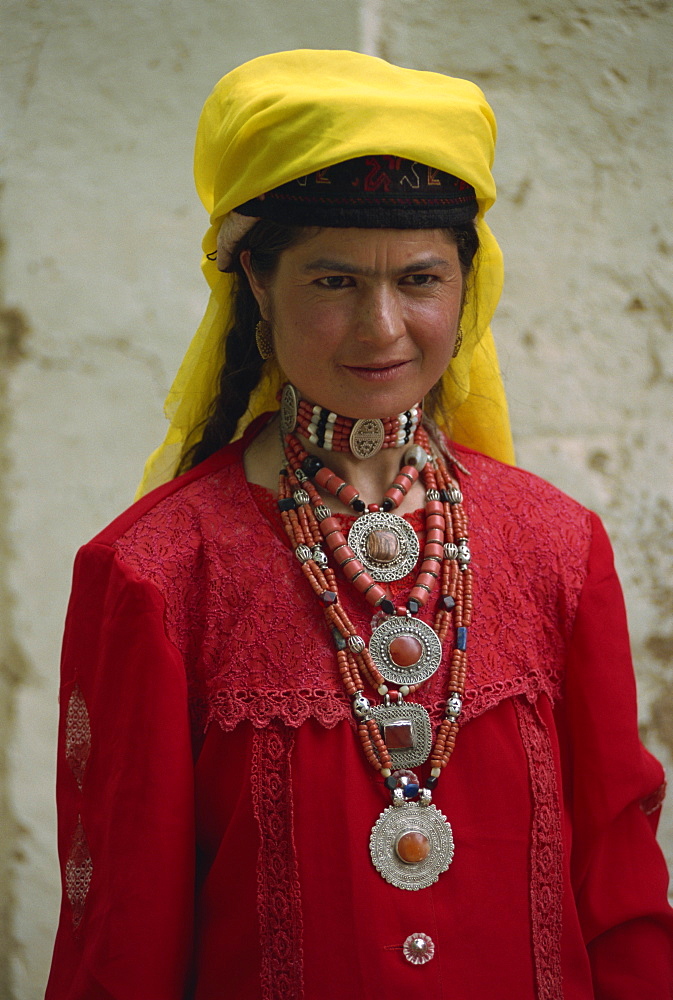 Tajik woman in traditional dress, Tashkurgan, Xinjiang, China, Asia