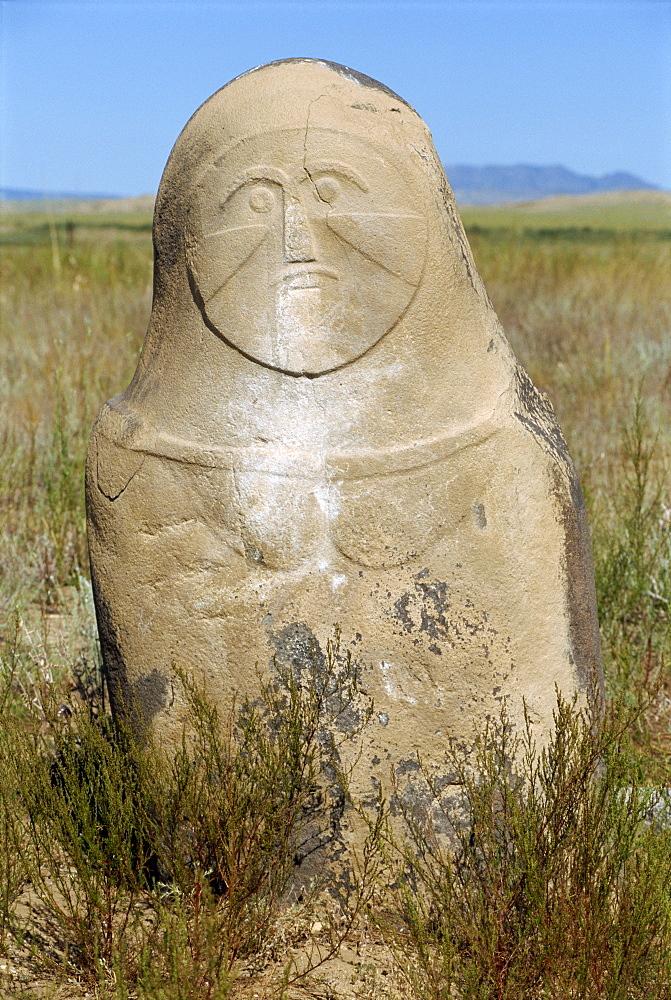 Carved figure at the Kayinarl Tombs, Turkic from 2nd century BC to 7th century AD, in the Altay mountains, Xinjiang, China, Asia