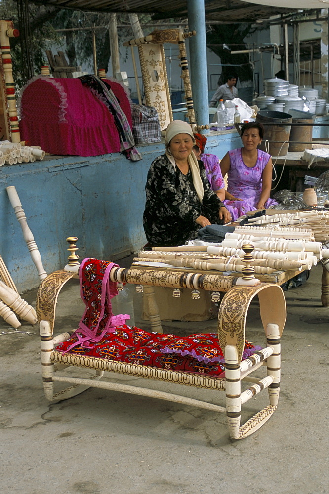 Wooden baby cots for sale, Nukur market, Uzbekistan, Central Asia, Asia