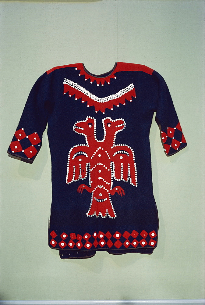 Raven clan design on Tlingit tunic from Angoon, Alaska, exhibited in the Portland Museum, Portland, Oregon, United States of America, North America