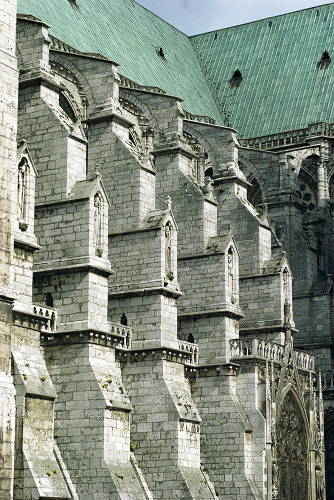 Close-up of buttresses on the south front of the cathedral, dating from between 1194 and 1225 AD, Chartres, Centre, France, Europe