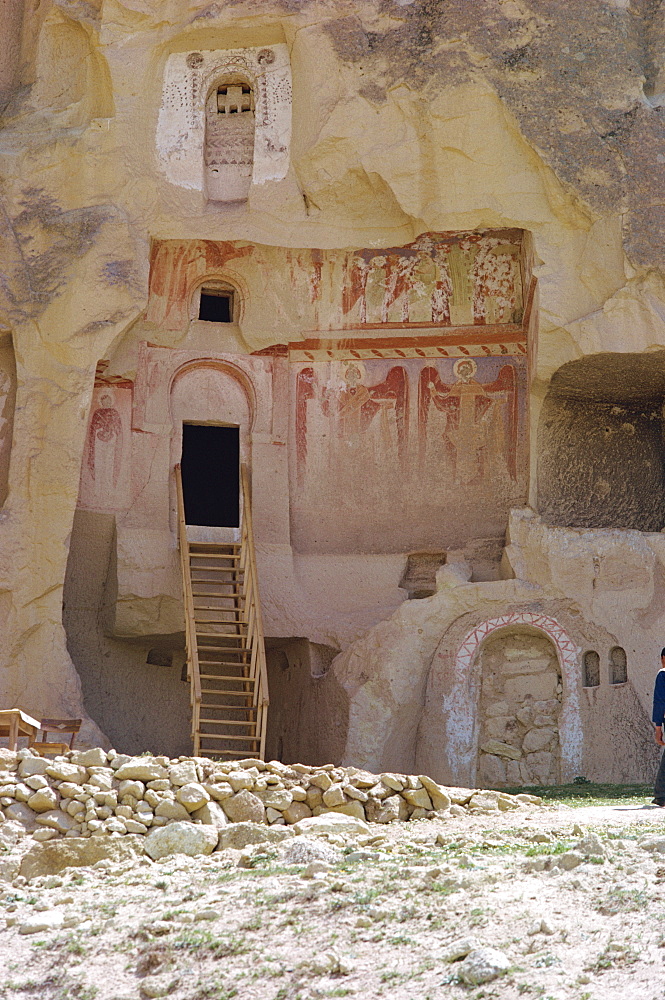 Religious frescoes on outside of a rock cut building at Goreme in Cappadocia, central Anatolia, Turkey, Asia Minor, Eurasia