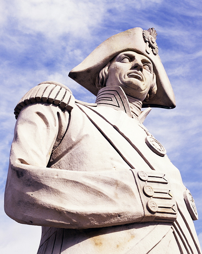 Close-up of statue of Admiral Nelson, Nelson's Column, Trafalgar Square, London, England, United Kingdom, Europe