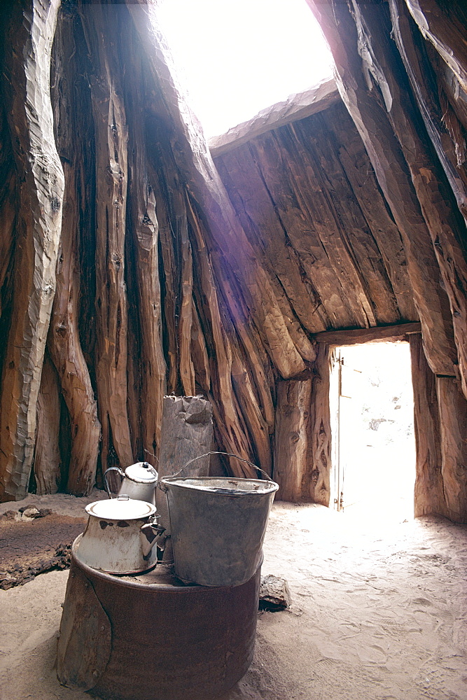 Smoke hole and doorway in Navaho (Navajo) dwelling of mud covered pinyon pine logs, Arizona, United States of America (U.S.A.), North America