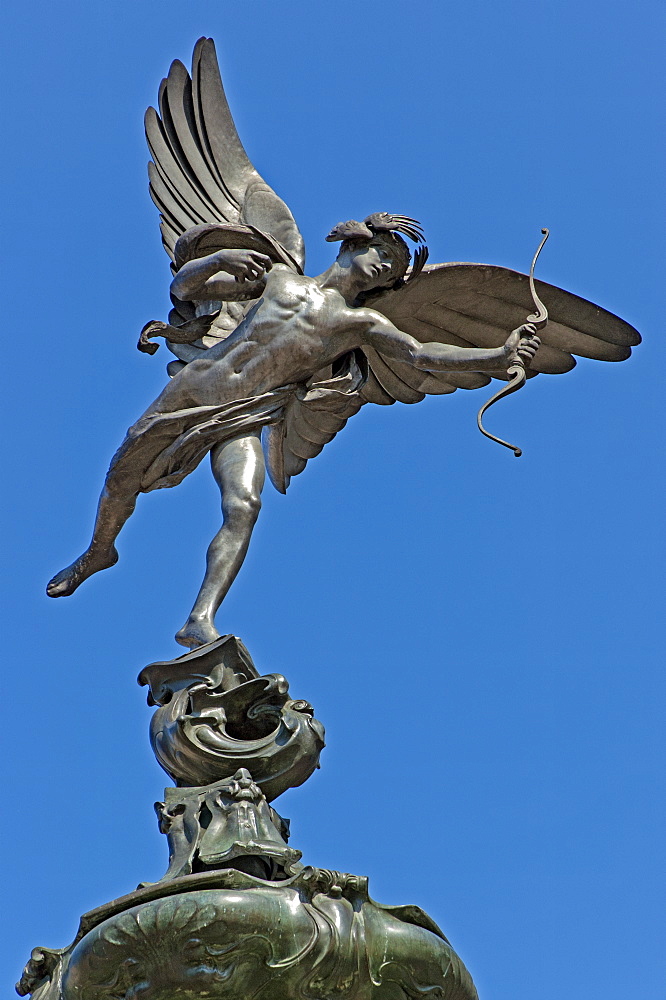 Winged statue of Eros, the Shaftesbury Memorial, first statue cast in aluminium, Piccadilly Circus, London, England, United Kingdom, Europe