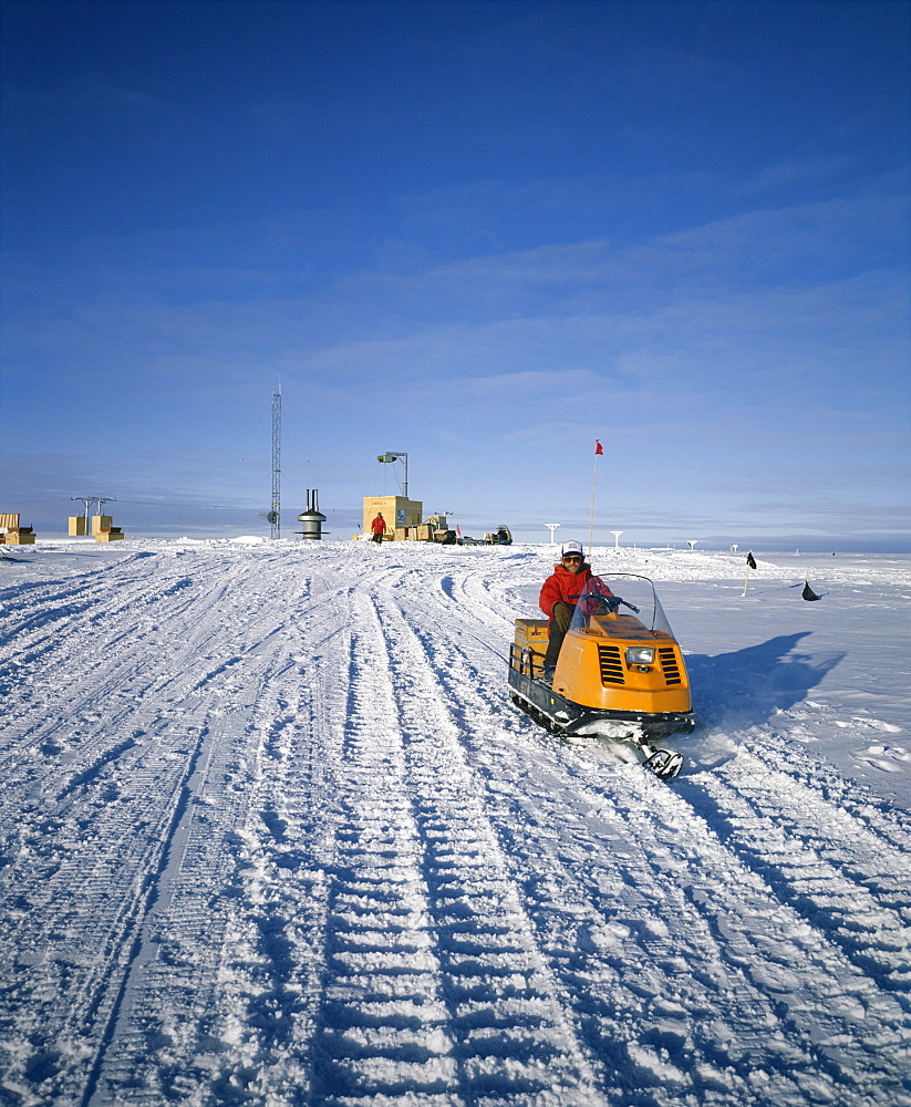 Snow vehicle and tracks, Siple II station, the main base is 40ft below surface, Antarctica, Polar Regions