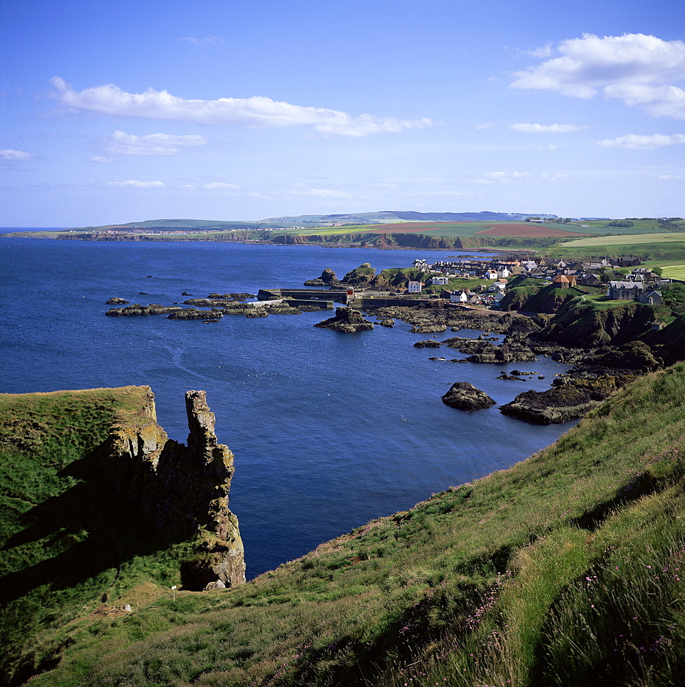 Coastline looking south with village of St. Abbs, Berwickshire, Borders, Scotland, United Kingdom, Europe