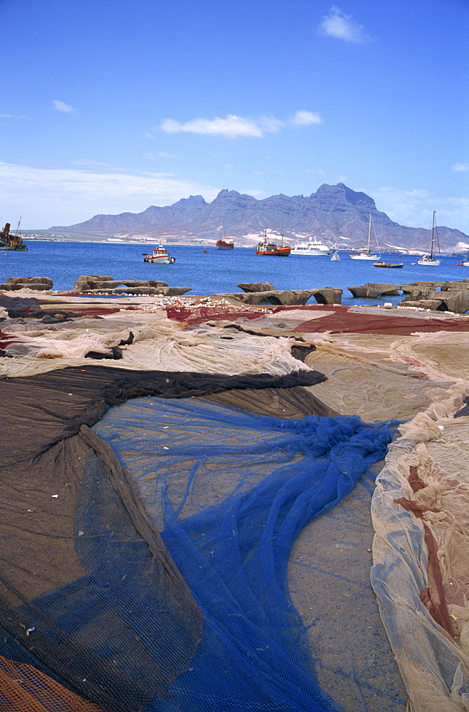 Nets laid out to dry on dockside, Mindelo, Sao Vicente, Cape Verde Islands, Atlantic, Africa