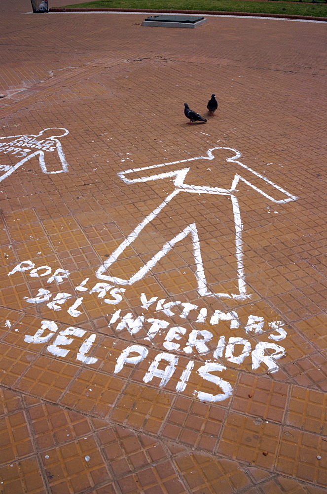 Outline of figure on pavement, the symbol of the lost victims, in the Plaza de Mayo in Buenos Aires, Argentina, South America