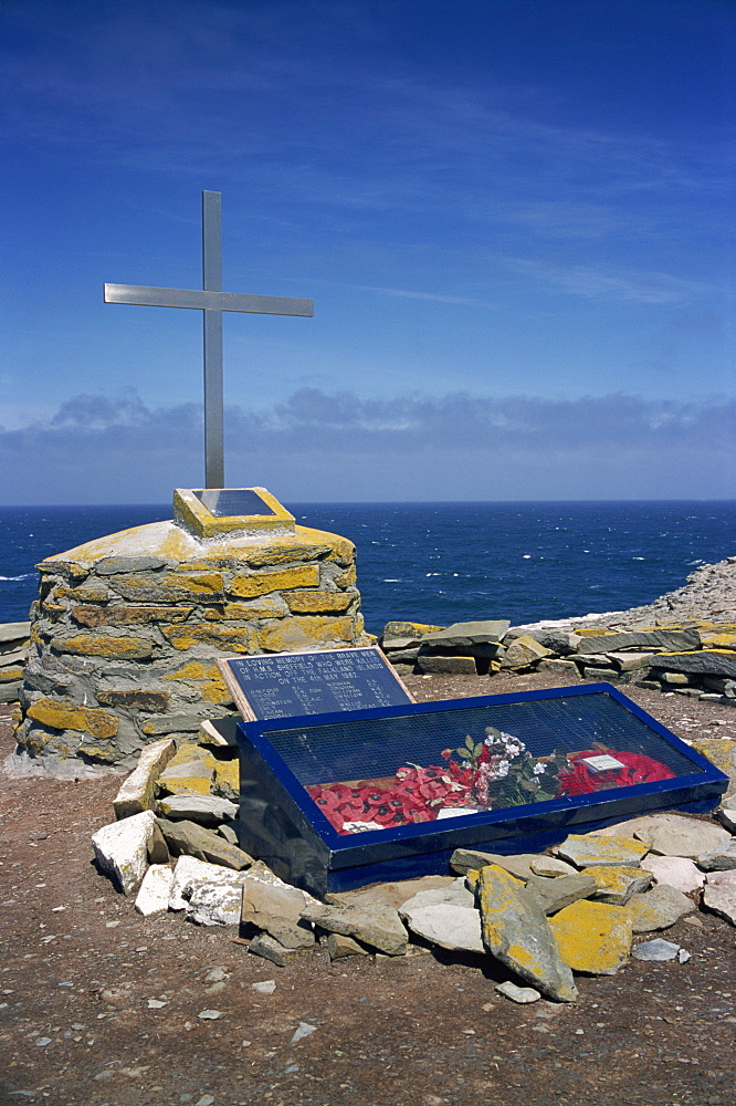 Memorial to the HMS Sheffield hit offshore by Exocet missile in May 1982, Sea Lion Island, Falkland Islands, South America