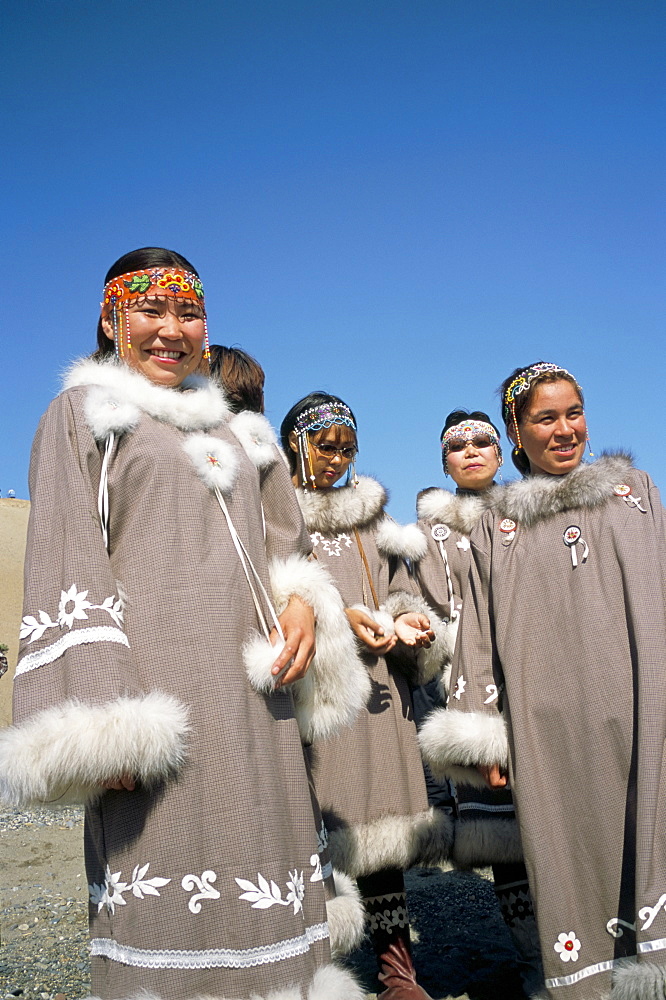 Eskimo women in traditional costume, Lorino village, Chukchi Peninsula, Russian Far East, Russia, Europe