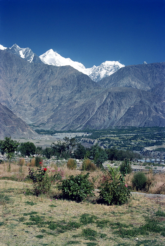 Snow capped Rakaposhi mountain in the Karakorams, from Gilgit, Pakistan, Asia