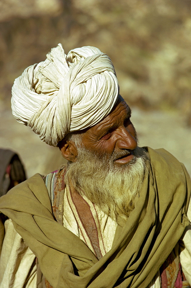 Portrait of an elderly Pushtu nomad with turban and long beard in Afghanistan, Asia