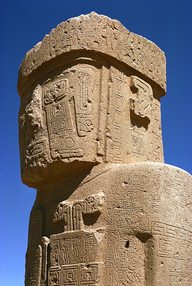 Close-up of carved statue at the Tiahuanaco site, 400-900 AD in Bolivia, South America