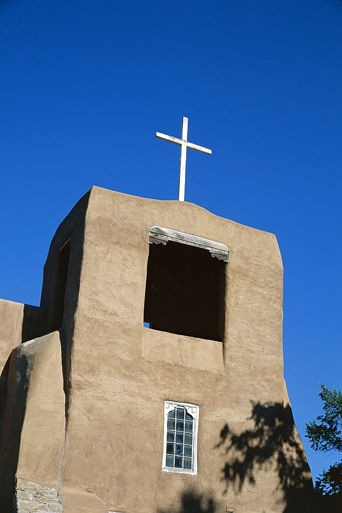 San Miguel chapel detail, mission church built by Thalcala Indians, rebuilt 1710, among oldest mission churches in America, Santa Fe, New Mexico, United States of America (U.S.A.), North America