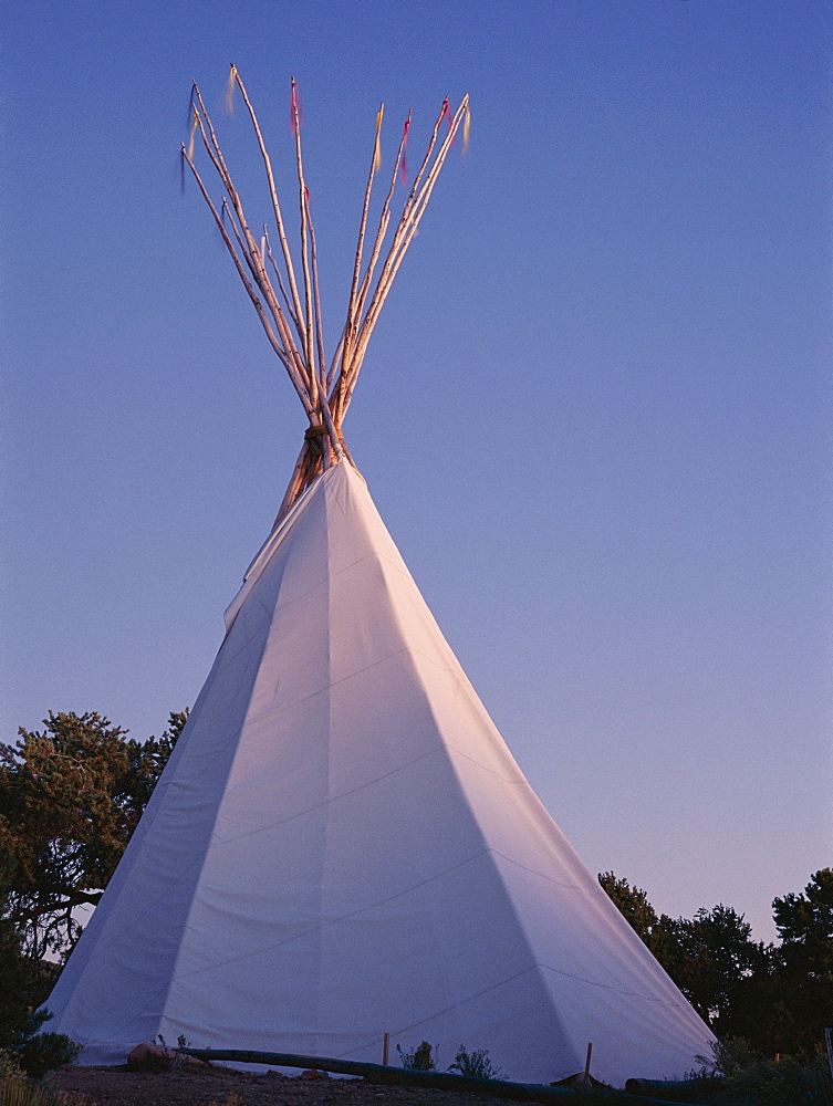 Storyteller's teepee at sunset, Wheelwright Museum, Santa Fe, New Mexico, United States of America (U.S.A.), North America