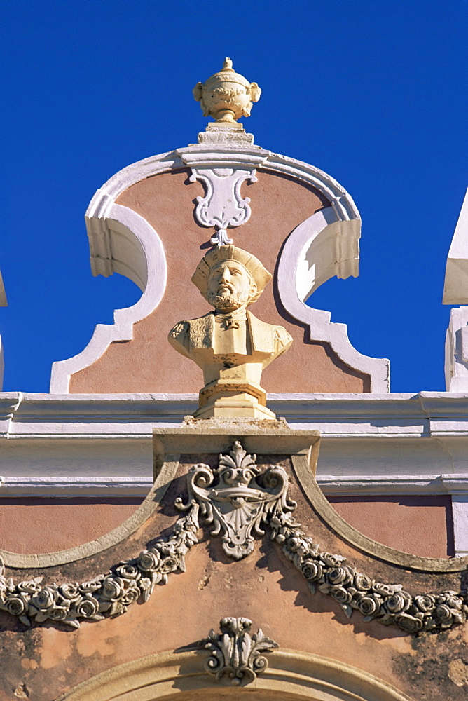 Bust of Vasco da Gama in the gardens of the Estoi Palace, C18th to C19th, at Estoi, Faro, in the Algarve, Portugal