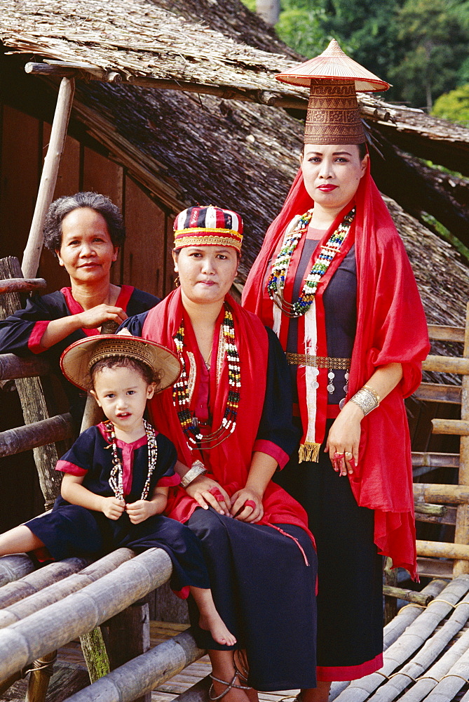 Portrait of a Bidayu family in traditional dress, cultural village, Sarawak, island of Borneo, Malaysia, Southeast Asia, Asia