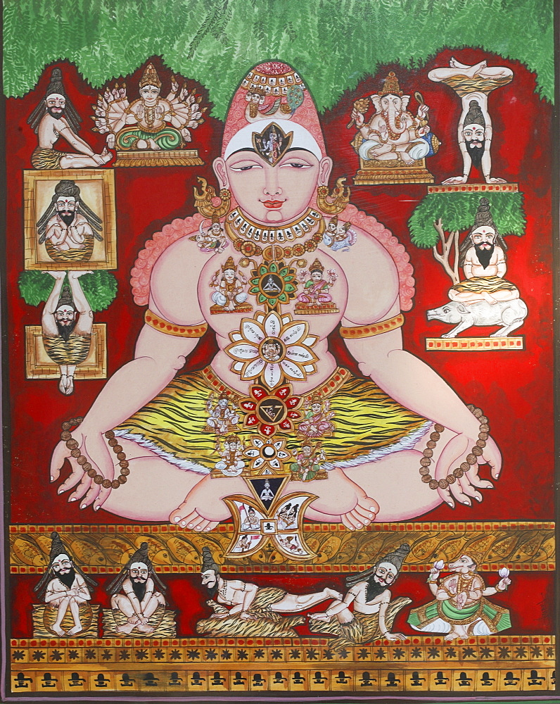 Painting from the Tanjavore school showing yoga positions and chakras, India, Asia