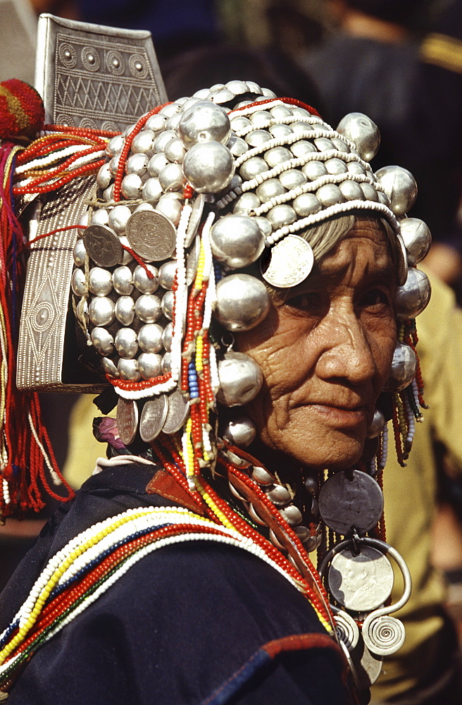 Headgear of Akha Hill Tribe woman, Northern Thailand, Southeast Asia, Asia