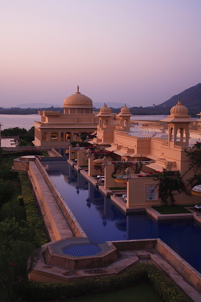 View of the Spa at sunset, The Oberoi Udaivilas, Udaipur, Rajasthan, India, Asia