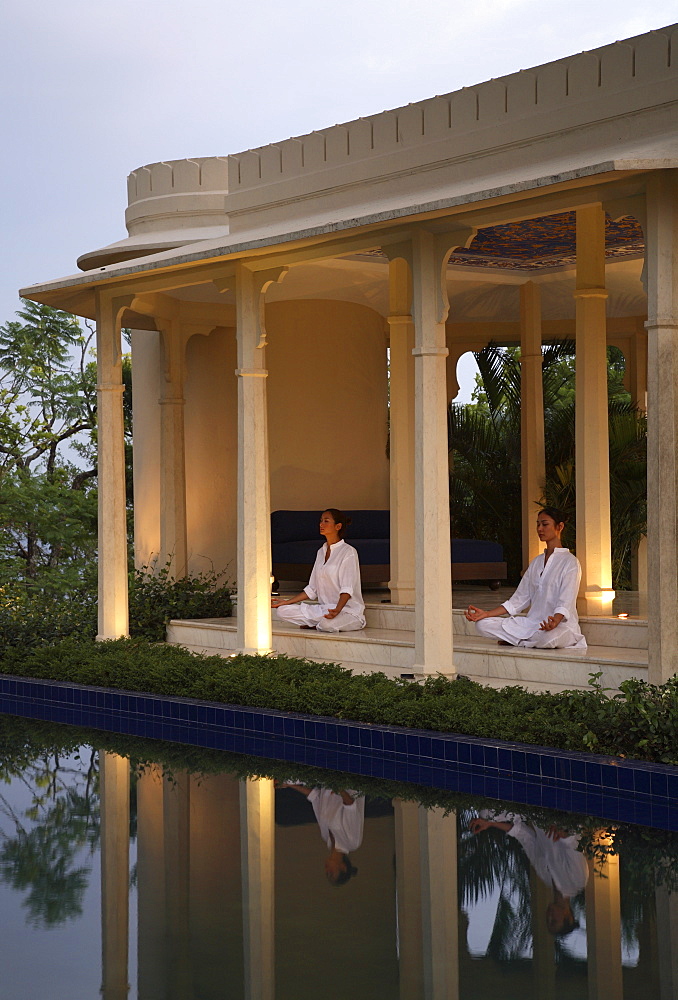 Meditation at the pavilion at Ananda in the Himalayas, India, Asia