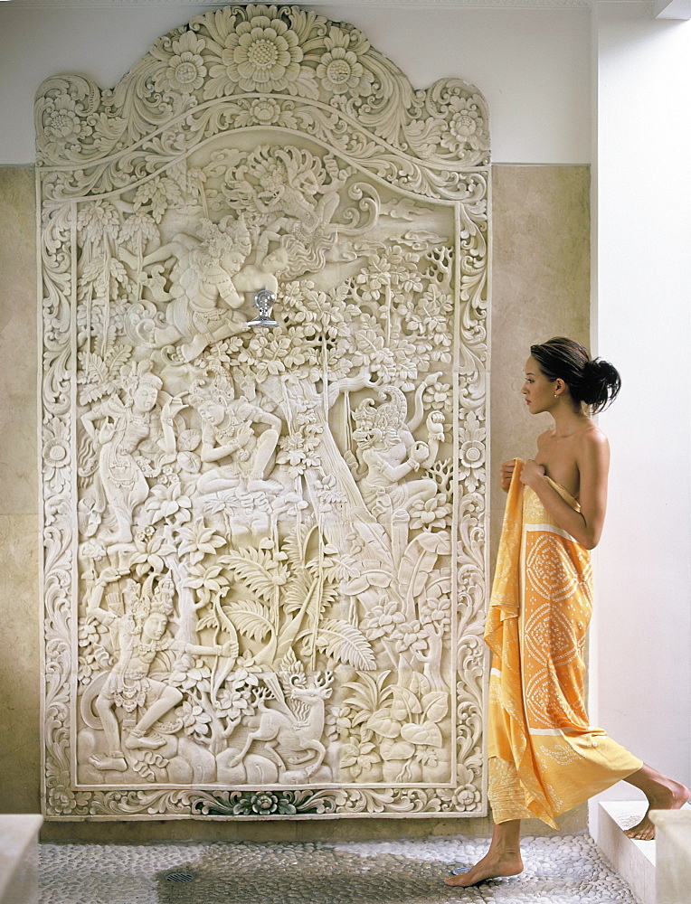 Girl getting into a shower, Bali, Indonesia, Southeast Asia, Asia