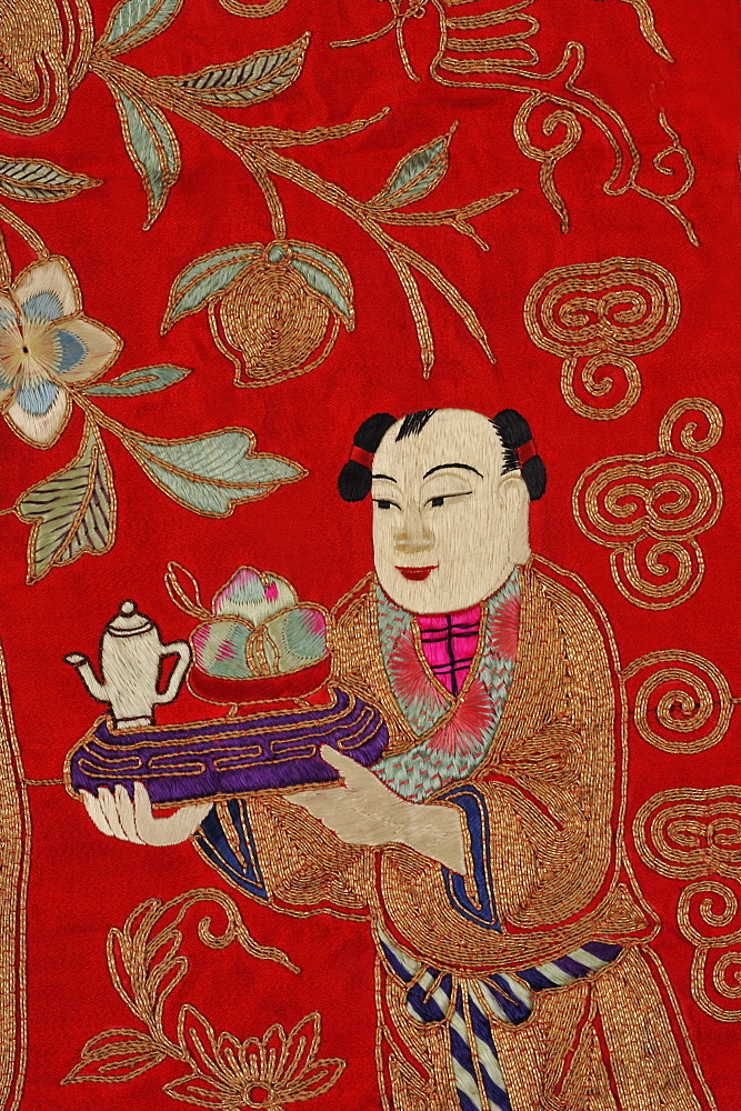 Chinese embroidery of boy bringing tea, China, Asia