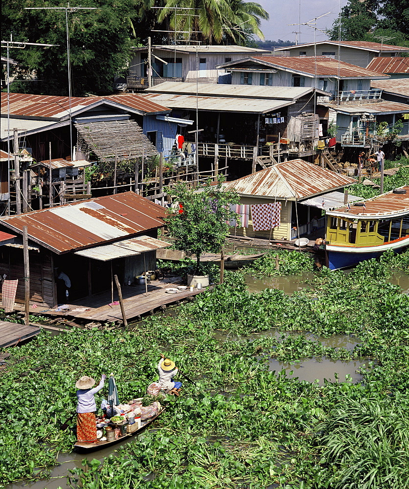 Village along a canal, clogged by water hyacinth, Ayutthaya, Thailand, Southeast Asia, Asia