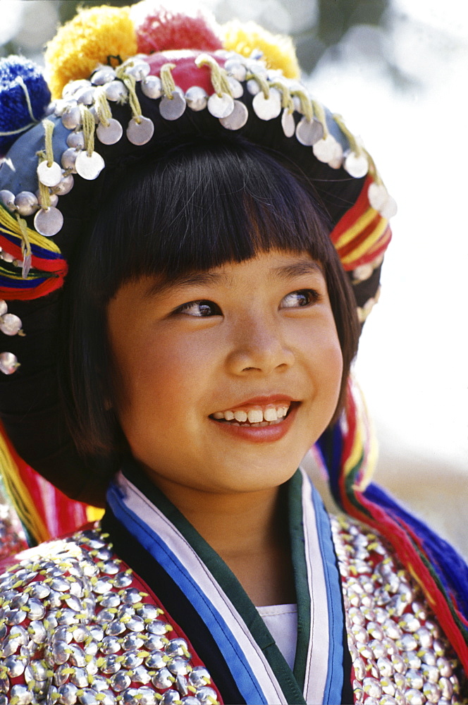 Little Thai girl in Hill Tribe costume, Chiang Rai, Thailand, Southeast Asia, Asia