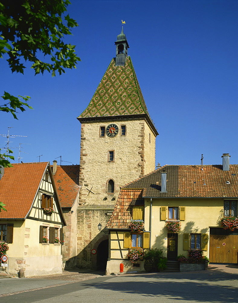 Gateway and clock tower, Bergheim, Alsace, France, Europe