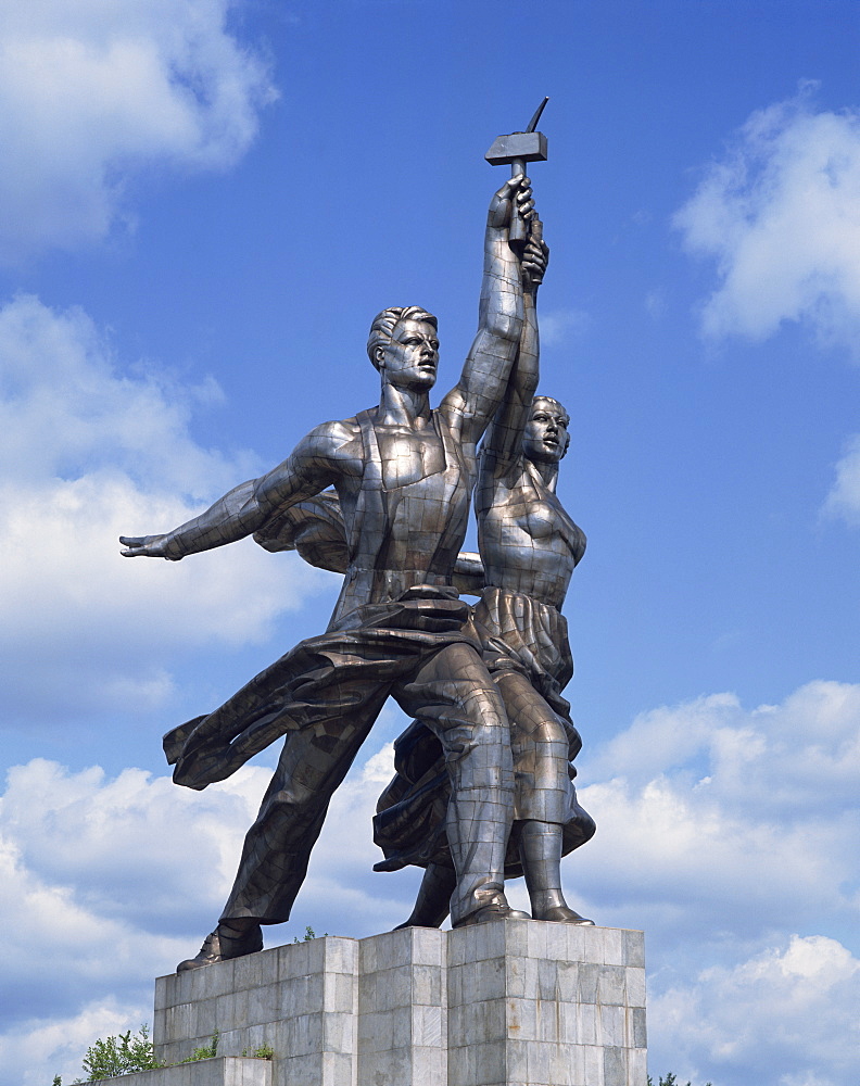 Statue of worker and Kolkhoz woman near the Cosmos Hotel and VDNKH in Moscow, Russia, Europe