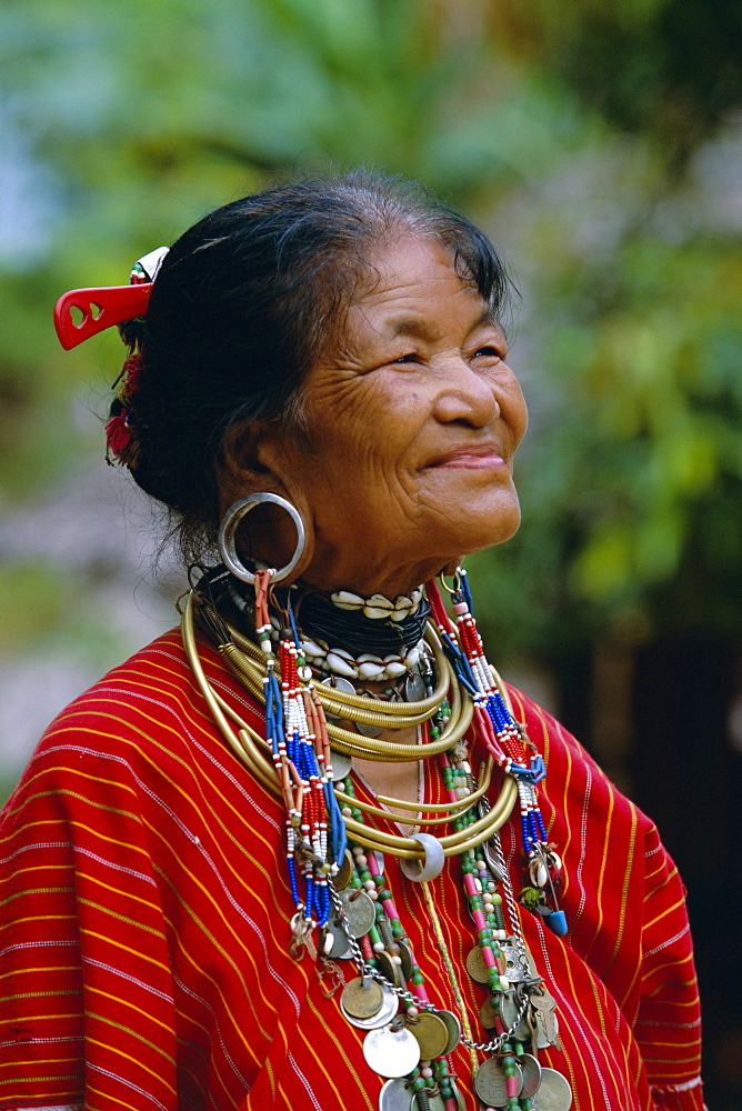 Portrait of a 'Big ears' Padaung tribe woman in Nai Soi, Mae Hong Son Province, Thailand, Asia