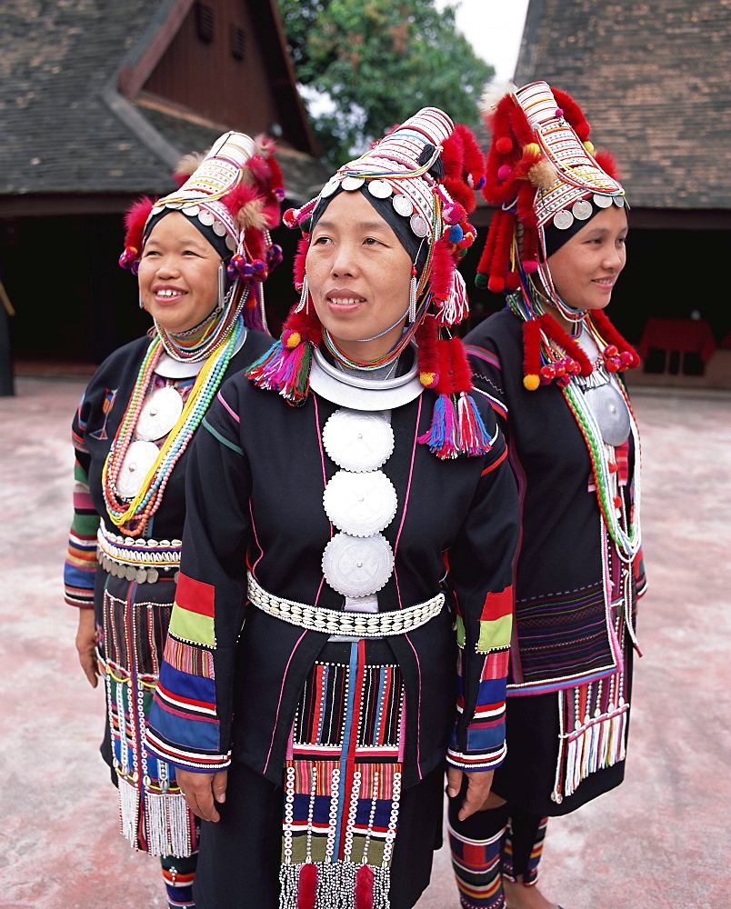 Portrait of three Akha hill tribe women in traditional dress, Chiang Mai, northern Thailand, Thailand, Southeast Asia, Asia